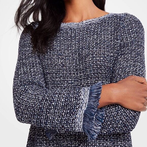 Ann Taylor Navy Blue Metallic Silver Sequin Boat Neck Fringed Knit Sweater - Picture 3 of 16